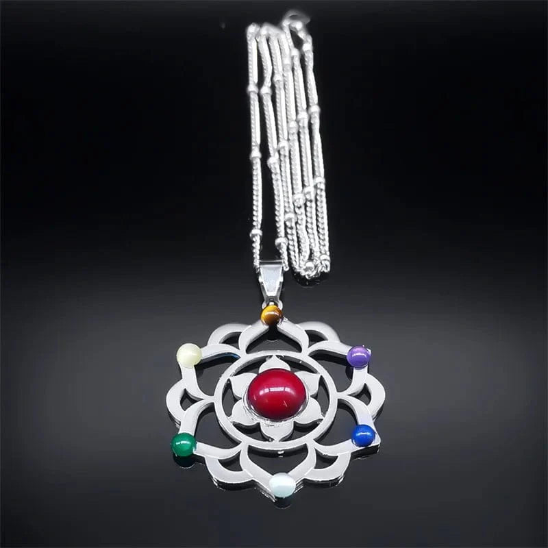 Sterling Silver Gemstone Chakra Lotus Necklace